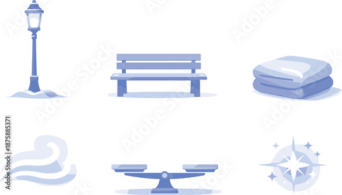 Winter Calm Symbols. Soft stillness infographic-style scene communicating winter calm, six symbolic objects arranged in two