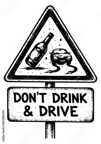 Hand drawn line art illustration of a warning sign depicting alcohol and a car for a drunk driving awareness campaign