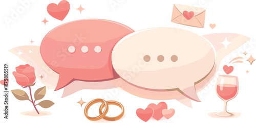 Romantic Chat Symbols. Minimal speech bubbles connected by delicate romantic symbols, modern flat vector illustration representing