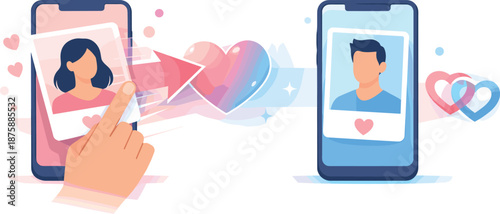 Swipe to Connect. Minimal smartphone screens showing a decisive swipe action toward connection, modern flat vector illustration