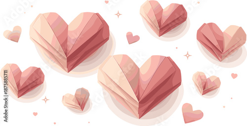 Floating Origami Hearts. Layered origami hearts floating lightly to emphasize handcrafted elegance, modern flat vector