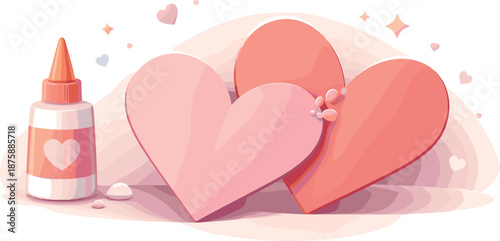 Minimalist Heart Design. Minimal cut-paper hearts visibly joined with tiny glue points and cozy emotion, modern flat vector