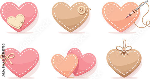 Stitched Heart Icons. Minimal heart icons detailed with dashed stitch lines and handmade charm, modern flat vector illustration