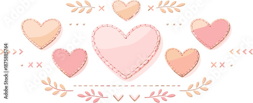 Embroidered Heart Art. Minimal heart shapes outlined by delicate embroidery stitches and calm symmetry, modern flat vector