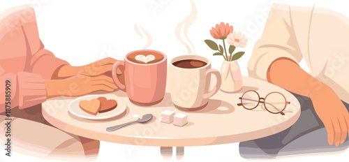 Romantic Cafe Date. Romantic coffee date moment illustrated through mugs, small table details, and relaxed posture, modern flat