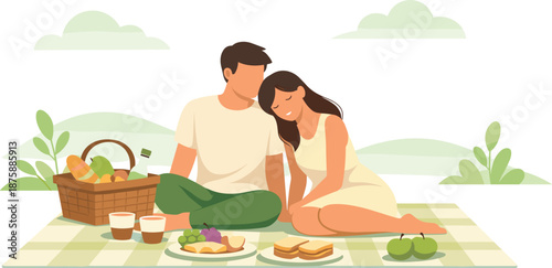 Minimal Picnic Date. Minimal picnic setup featuring a blanket, basket, and couple sharing a calm daytime moment, modern flat