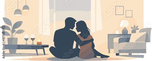 Minimalist Couple Silhouettes. Minimal couple silhouettes sitting close in a softly lit apartment interior, modern flat vector