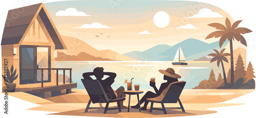 Minimal Couple Retreat. Minimal couple silhouettes relaxing near a cabin or hotel with calm vacation mood, modern flat vector