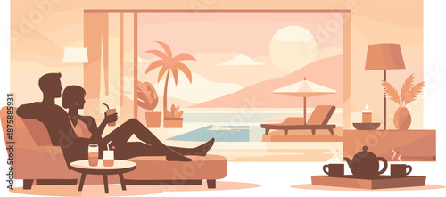 Staycation Serenity. Minimal couple silhouettes relaxing in a home setting styled like a vacation retreat, modern flat vector