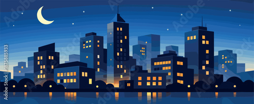 Minimal Night Silhouettes. Minimal night scene defined by glowing windows and calm city silhouettes, modern flat vector