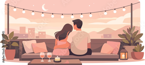 Rooftop Terrace Date. Minimal couple figures sitting close on a rooftop terrace under string lights, modern flat vector