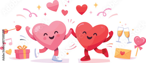 Dancing Hearts Design. Minimal Valentine party composition featuring dancing hearts and festive motion cues, modern flat vector