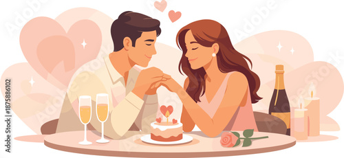 Anniversary Celebration Art. Minimal celebration moment showing a couple exchanging gentle gestures and emotional closeness,