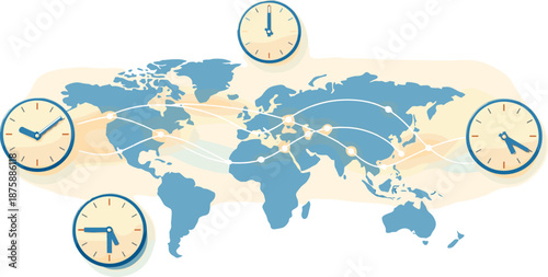 Global Time Connections. Minimal global scene illustrating distance through clocks, continents, and glowing connection lines,