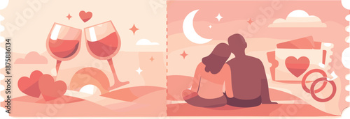 Romantic Ticket Art. Minimal ticket composition highlighting shared experiences through paired shapes and soft emotional warmth,