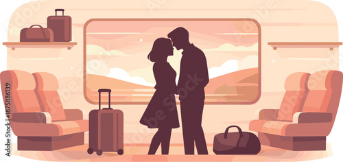 Minimal Train Romance. Minimal train romance composition highlighting couple silhouettes with luggage, seats, and gentle motion,