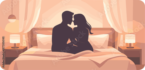 Hotel Romance Silhouettes. Minimal intimate hotel composition highlighting couple silhouettes with bed, curtains, and ambient