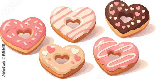 Donut Hearts Composition. Minimal donut hearts composition highlighting individual pastries with rounded edges, icing details, and