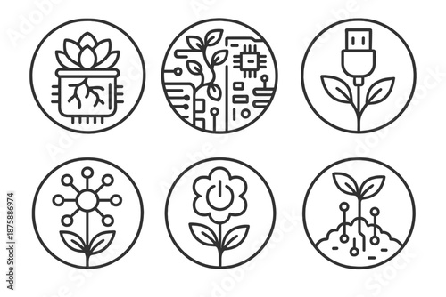 Silicon Garden Icons. Line style circular vector icons of silicon garden: succulent in glass processor, motherboard vines, USB