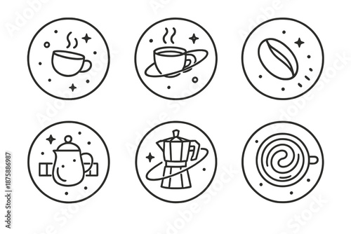 Cosmic Coffee Icons. Line style circular vector icons of cosmic coffee: floating coffee cup, steaming mug orbiting planet,