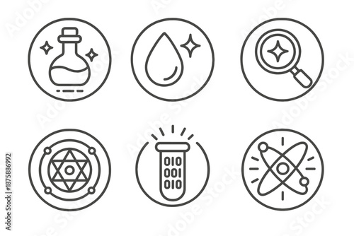 Magical Research Icons. Line style circular vector icons of magical research: potion bottle levitating, enchanted droplet sparkle,