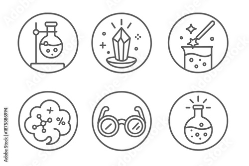 Mystical Lab Icons. Line style circular vector icons of mystical laboratory: potion flask on stand, glowing crystal reaction, wand
