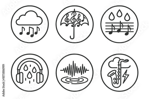 Harmonic Rain Icons. Line style circular vector icons of harmonic rain: cloud releasing music notes, umbrella made of treble clefs