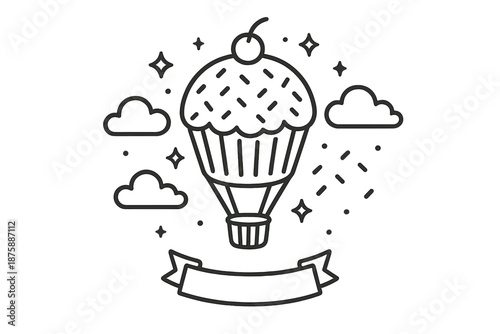 Dessert Balloon Icons. Line style icons of Dessert Flight: hot air balloon as cupcake, fluffy clouds, tiny floating stars, glowing