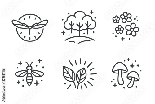 Enchanted Forest Clock Icons. Line style icons of Enchanted Forest Clock: dragonfly wings forming clock hands, glowing forest