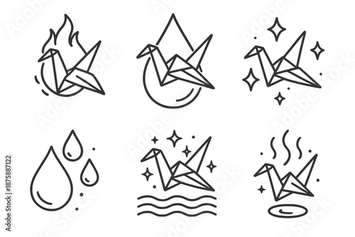 Origami Element Transformation. Line style icons of Transforming Origami: origami cranes morphing between fire and water drops,