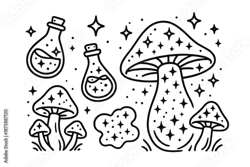 Cosmic Fungi Magic. Line style icons of Galactic Fungi Magic: mushrooms glowing with cosmic liquids, floating potion bottles, tiny