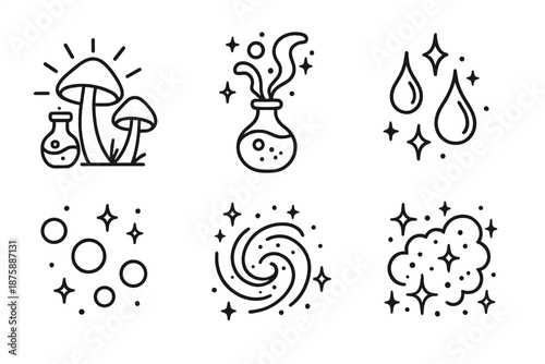 Galactic Alchemy Icons. Line style icons of Galactic Alchemy: glowing mushrooms with potion vials, floating cosmic liquids, tiny