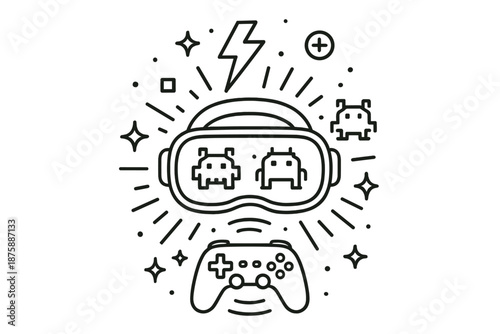 Virtual Clash Icons. Line style icons of Virtual Clash: VR headset with pixel monsters, neon lightning, tiny floating icons,