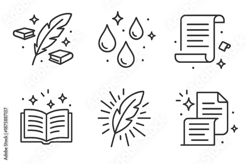 Line Style Writing Icons. Line style icons of Creative Writing: quill with hovering books, glowing ink droplets, tiny floating