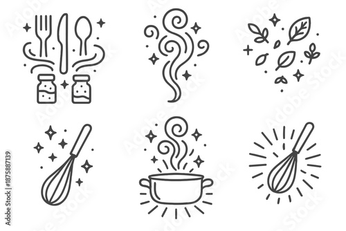 Floating Kitchen Magic. Line style icons of Floating Kitchen Magic: levitating utensils with spice jars, mystical smoke, glowing