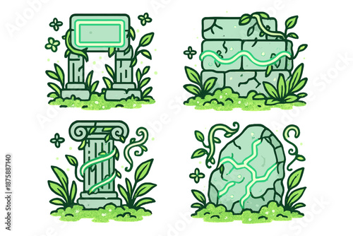 Neon Ruins Icons. Line style icons of Glowing Heritage: ancient ruins with neon messages, overgrown foliage, tiny floating flowers