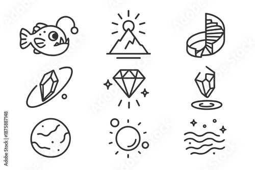 Lanternfish and Cosmic Journey. Line style icons of Lanternfish Journey: floating lanternfish, glowing mountain peak, spiral