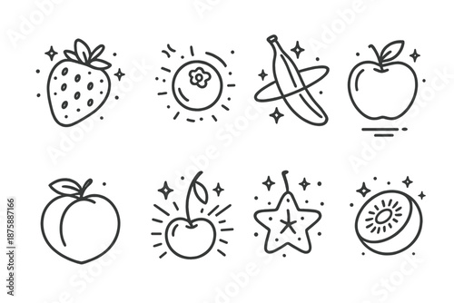 Cosmic Fruit Icons. Line style icons of Cosmic Fruits: floating strawberry, glowing blueberry, orbiting banana, levitating apple,