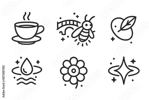 Teacup Glow Icons. Line style icons of Teacup Glow: teacup, floating miniature bridge, glowing lightning bug, orbiting leaf,