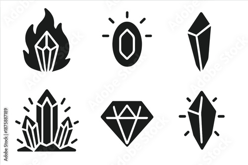 Magical Crystal Icons. Solid style icons of magical crystals in : fire crystal, glowing gem, prism shard, radiant quartz, ethereal
