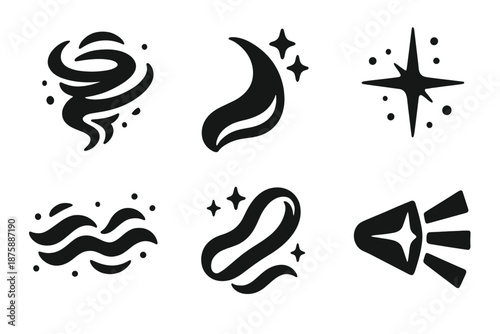 Fantasy Energy Icons. Solid style icons of fantasy energy effects in : twisting aura, glowing trail, radiant spark, prism flare,