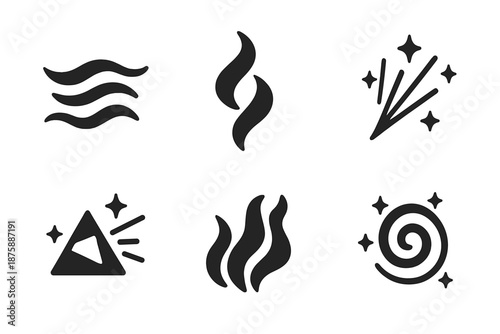 Elemental Energy Icons. Solid style icons of elemental energy flows in : flowing water, glowing ribbon, radiant stream, prism