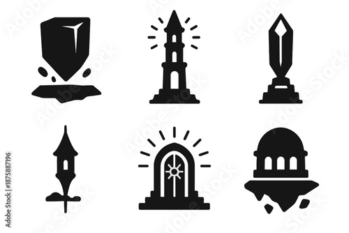 Fantasy Architecture Icons. Solid style icons of fantasy architecture in : levitating monolith, glowing tower, crystal obelisk,