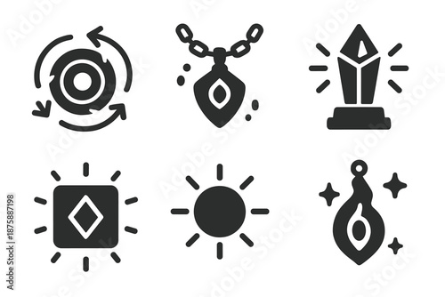 Mystical Objects Icons. Solid style icons of mystical objects in : rotating artifact, floating amulet, prism statuette, glowing