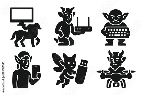 Mythical Tech Guardians. Solid style icons of mythical tech guardians: centaur monitor, faun router, goblin keyboard, elf