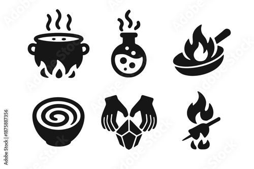 Mystical Cooking Icons. Solid style icons of mystical cooking processes: boiling cauldron, steaming potion, sizzling pan, mixing