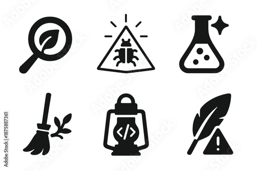Enchanted Debug Icons. Solid style icons of enchanted debugging: magnifying glass leaf, bug prism, flask spark, broom branch,