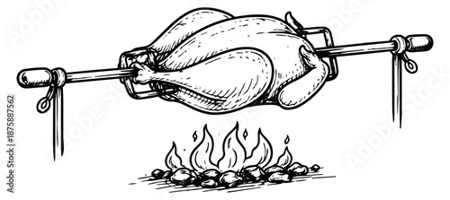 Hand drawn line art illustration of a chicken depicting roasting on a rotisserie for barbecue concepts