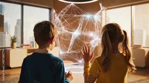 Children interacting with futuristic holographic display in modern room