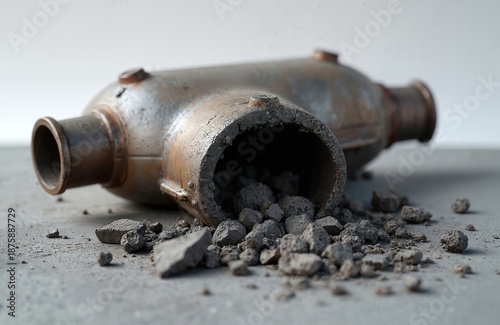 Damaged car exhaust converter lies on ground spilling broken pieces. Metal pipe is rusted, interior filled with debris. Represents auto repair issues, environmental concerns, and part failure.
